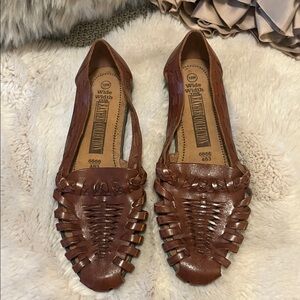 Leather Collection Vintage 80s Brown Leather Huarache Woven Sandals Slip On NEW